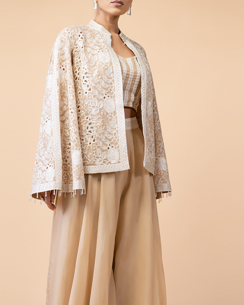 Beige Palazzo with Crop Top and Cut Work Jacket