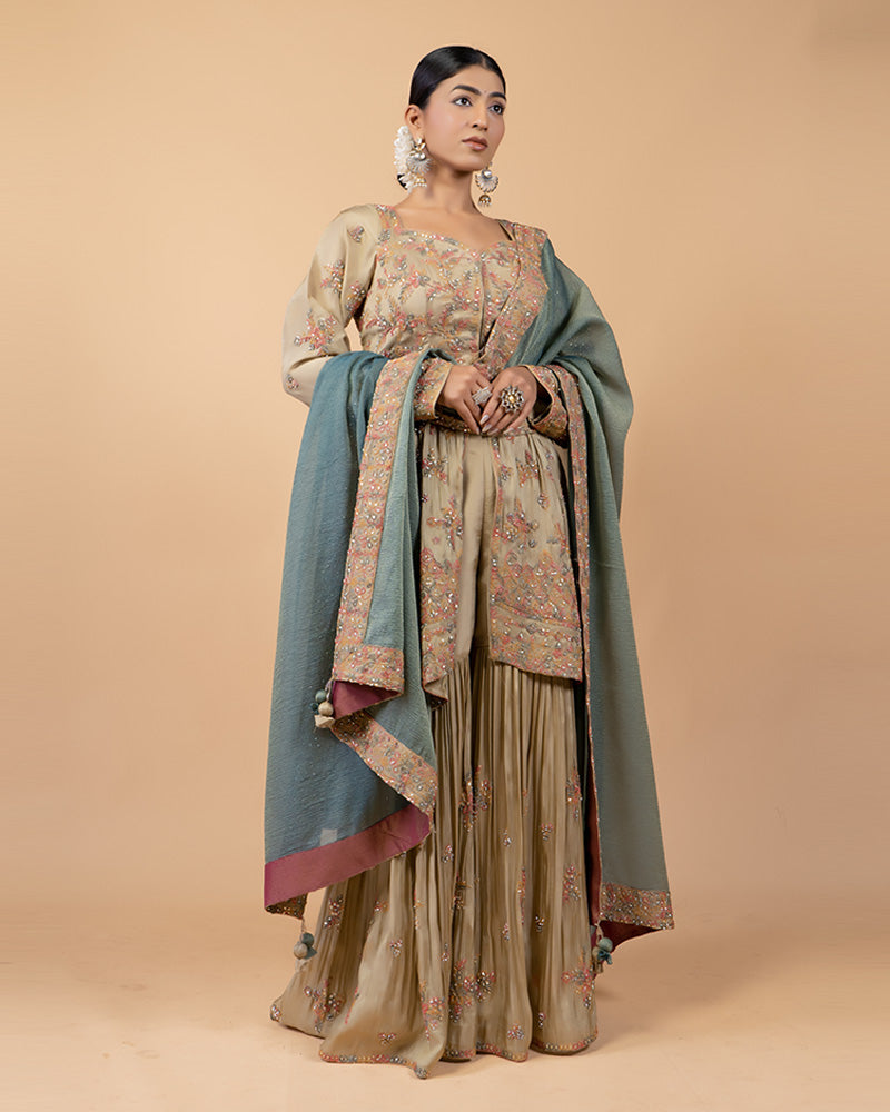 Beige Palazzo with Peplum Top and Teal Silk Dupatta