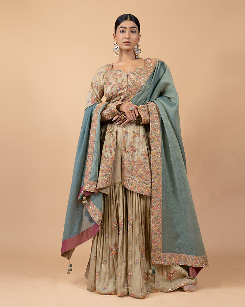 Beige Palazzo with Peplum Top and Teal Silk Dupatta