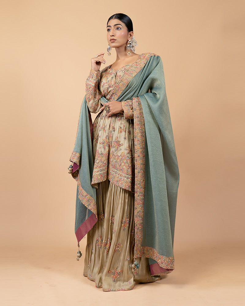 Beige Palazzo with Peplum Top and Teal Silk Dupatta