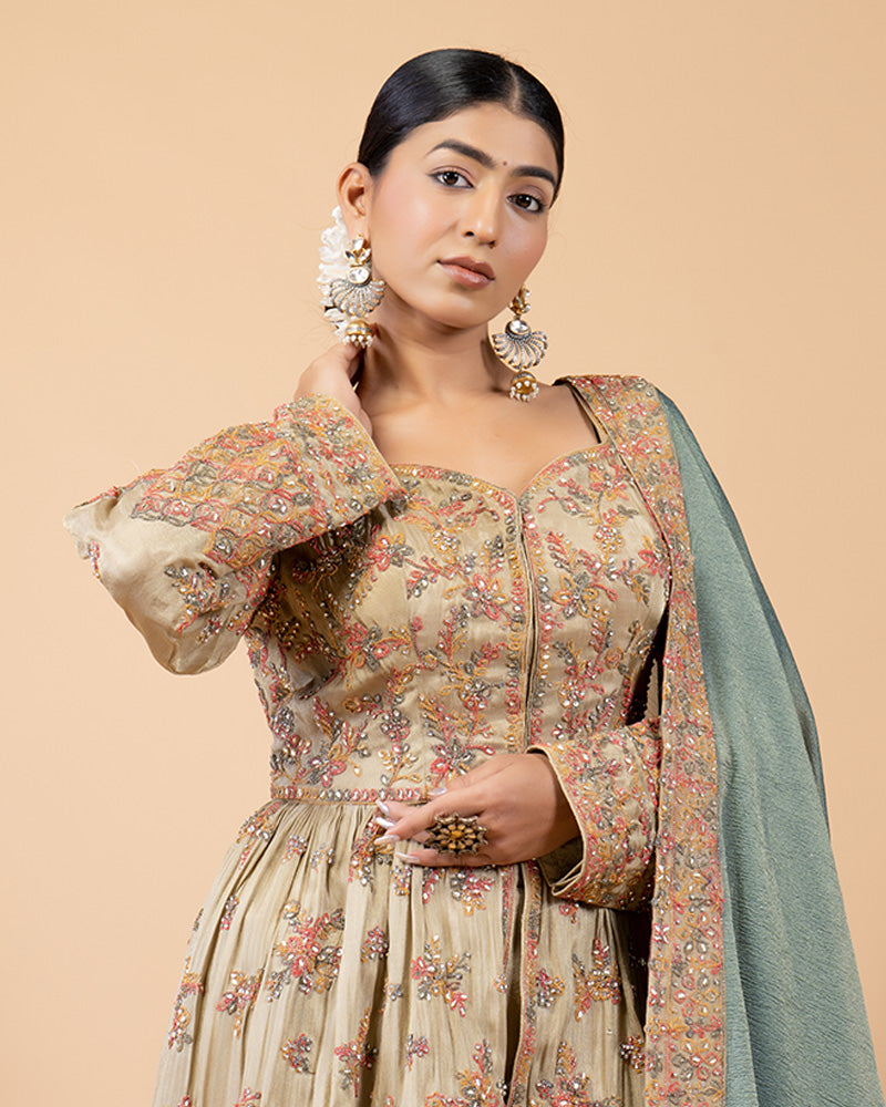 Beige Palazzo with Peplum Top and Teal Silk Dupatta