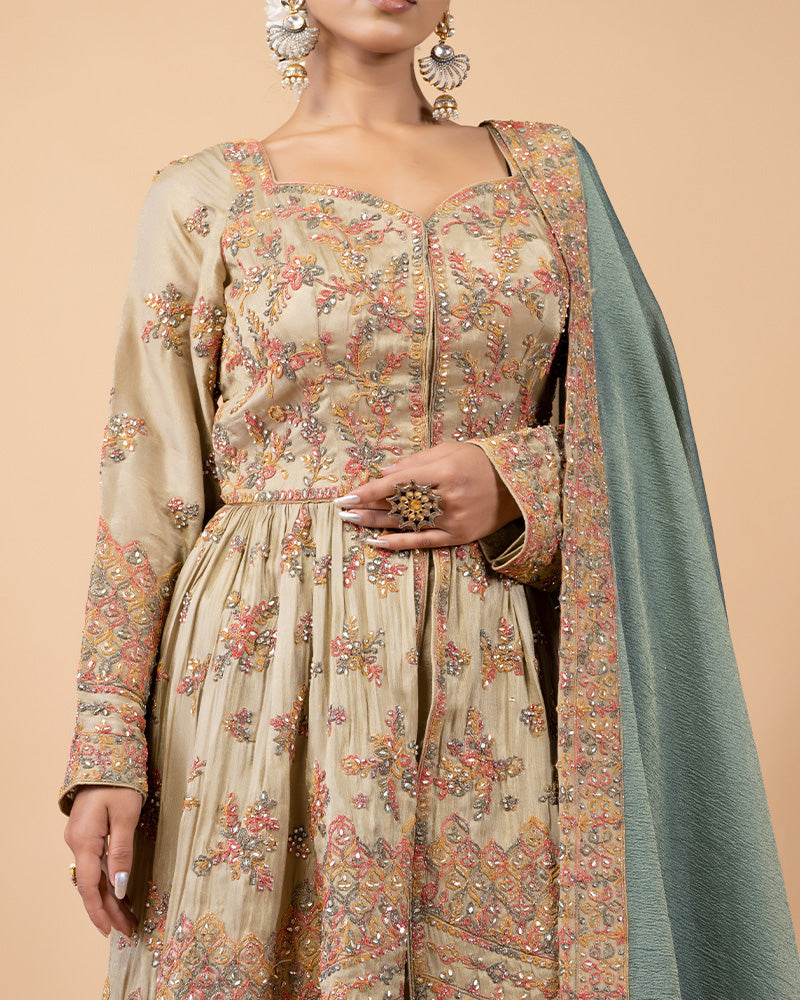 Beige Palazzo with Peplum Top and Teal Silk Dupatta