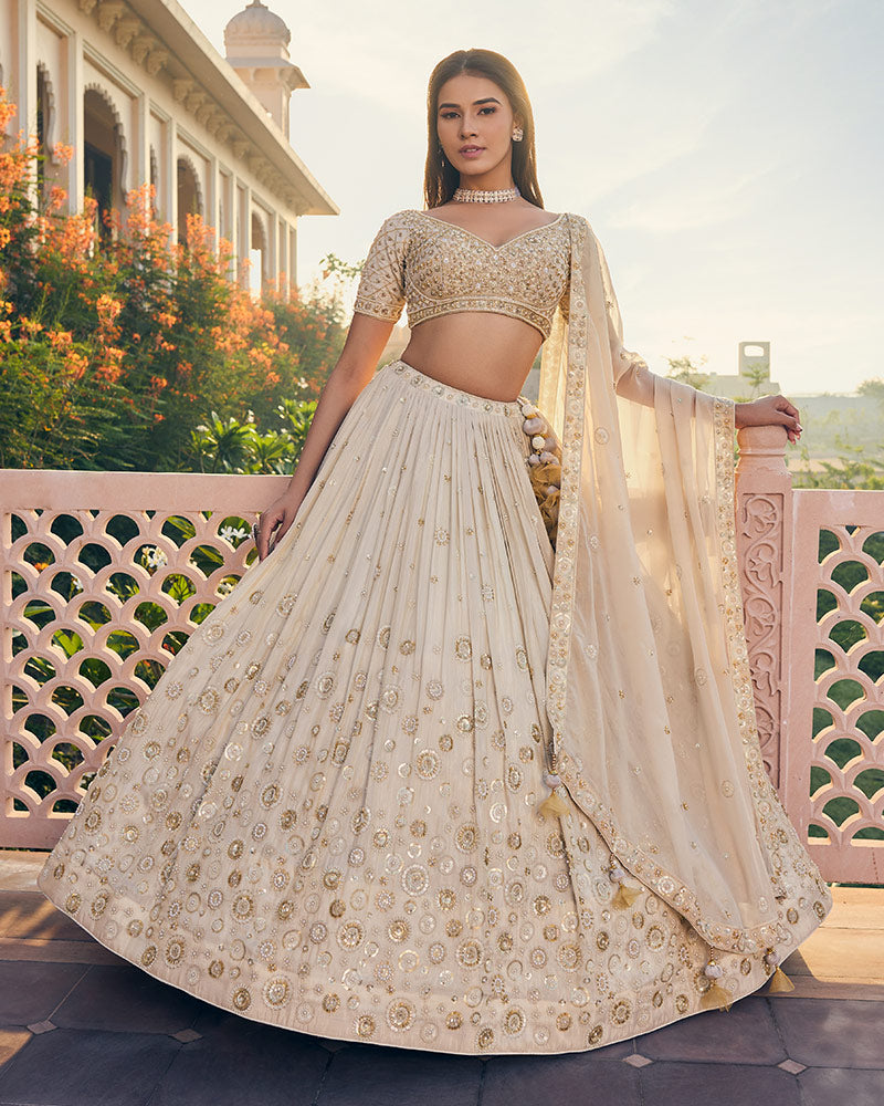 Beige Sequence and Moti Embroidered Georgette Lehenga Set With Dupatta