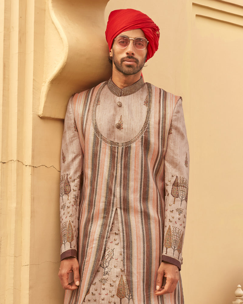 Beige lehenga Set and Men Kurta Set with Printed Coat