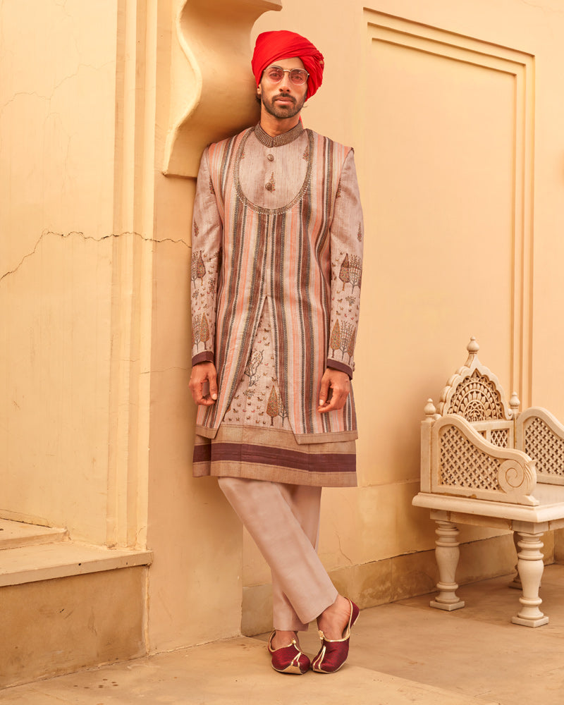 Beige lehenga Set and Men Kurta Set with Printed Coat