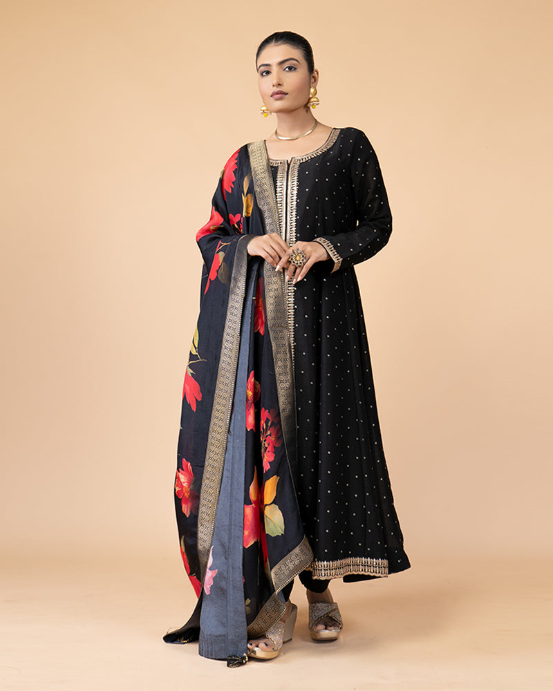 Black Anarkali Suit with Floral Printed Dupatta