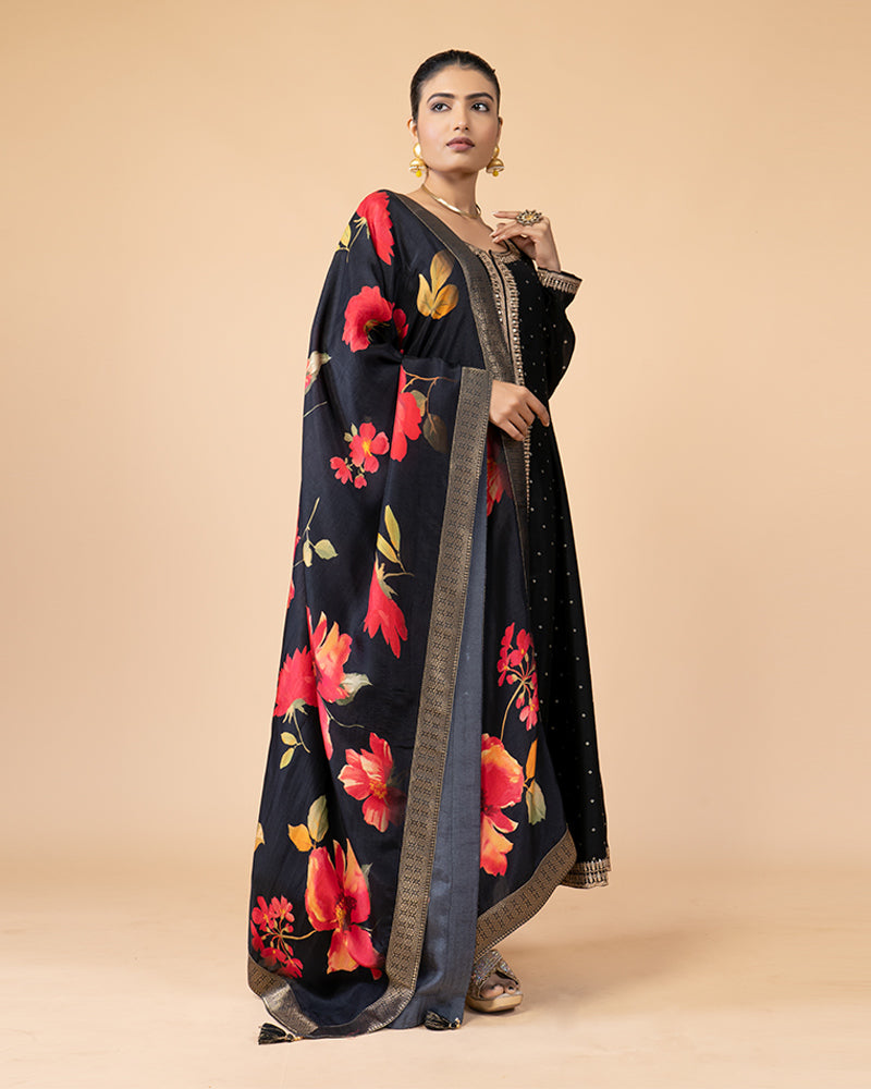 Black Anarkali Suit with Floral Printed Dupatta