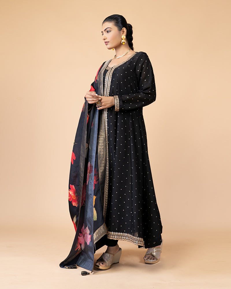 Black Anarkali Suit with Floral Printed Dupatta