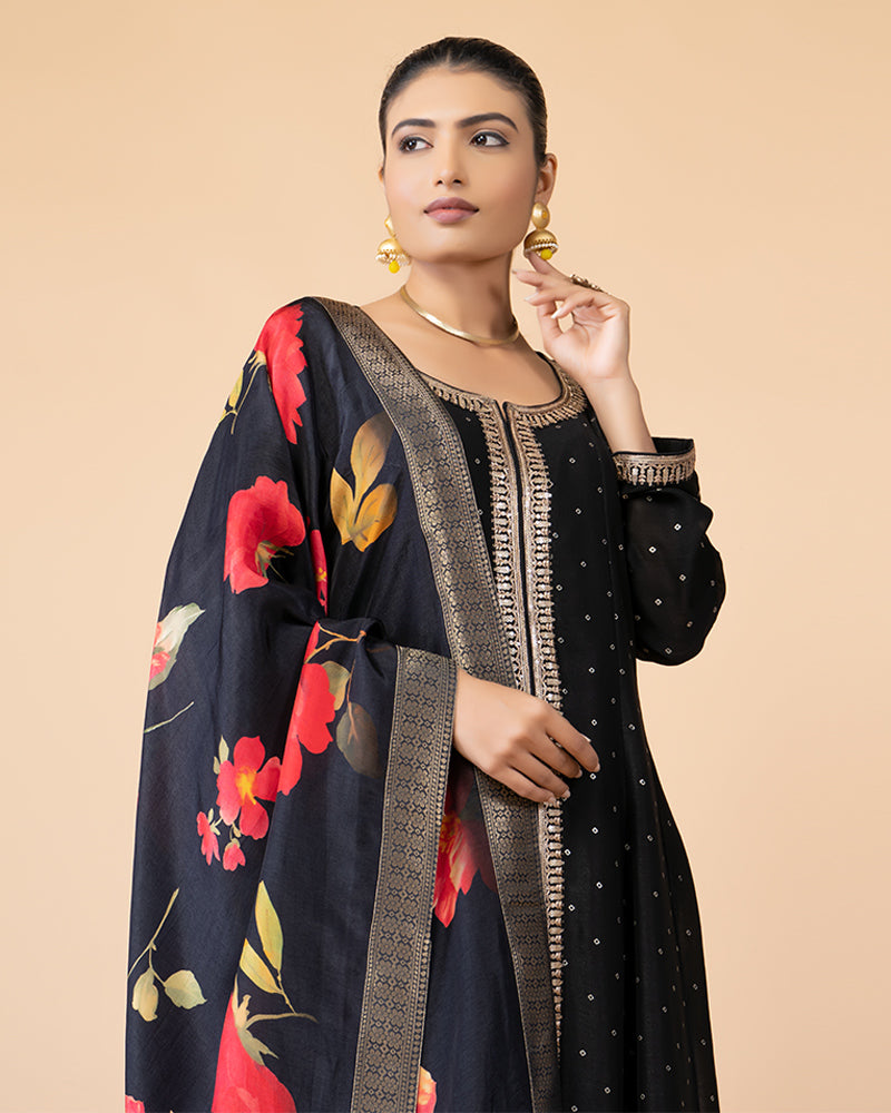 Black Anarkali Suit with Floral Printed Dupatta