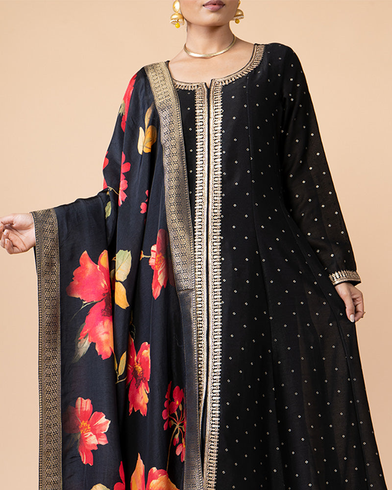 Black Anarkali Suit with Floral Printed Dupatta