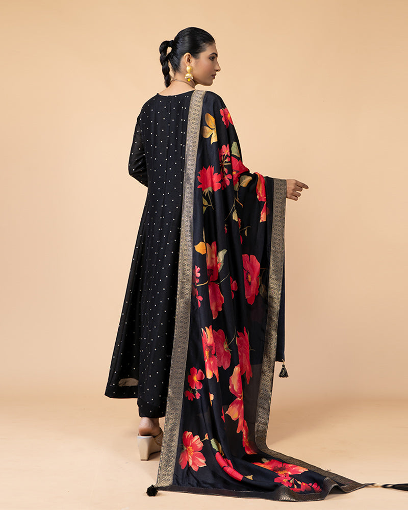 Black Anarkali Suit with Floral Printed Dupatta