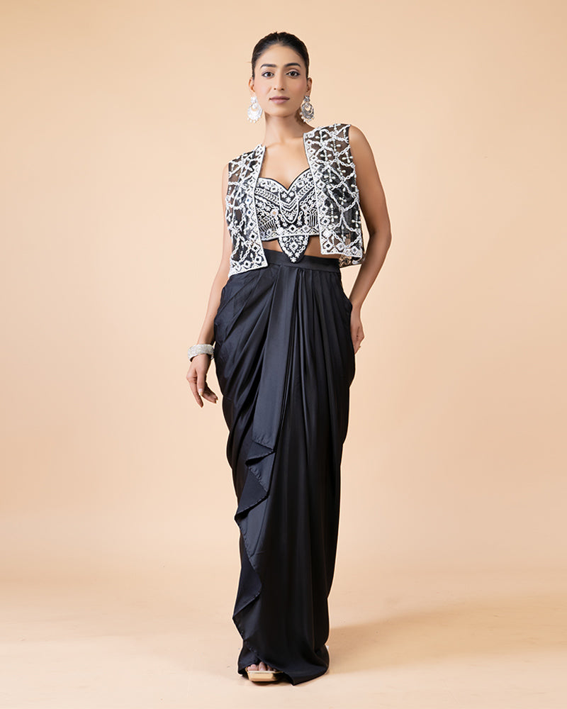 Black Draped Skirt with Heavy Embellished Top and Net Sleeveless Jacket