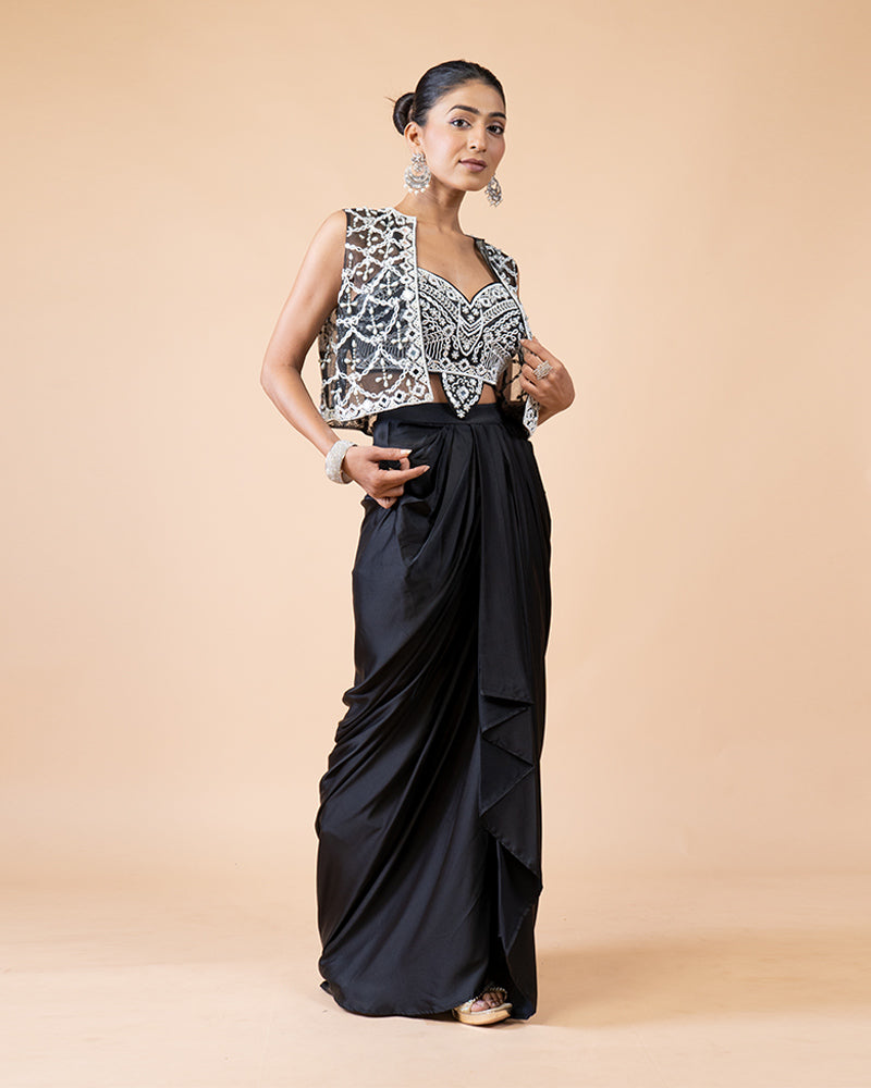 Black Draped Skirt with Heavy Embellished Top and Net Sleeveless Jacket