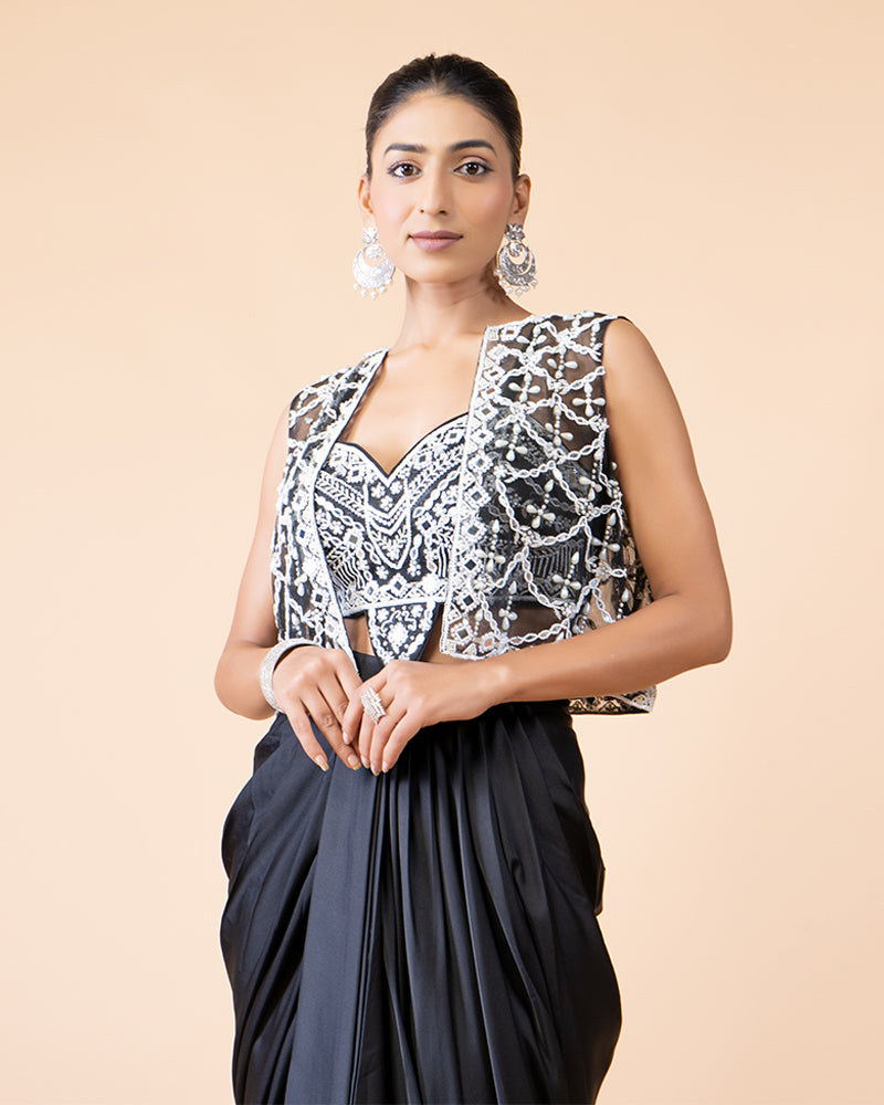 Black Draped Skirt with Heavy Embellished Top and Net Sleeveless Jacket