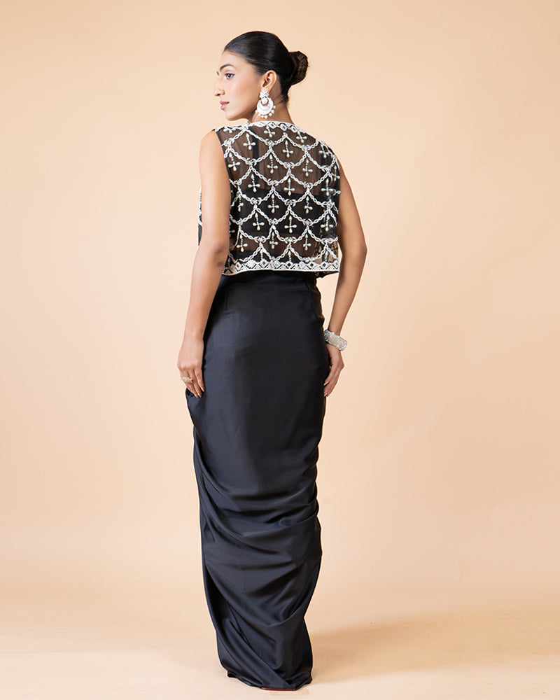 Black Draped Skirt with Heavy Embellished Top and Net Sleeveless Jacket