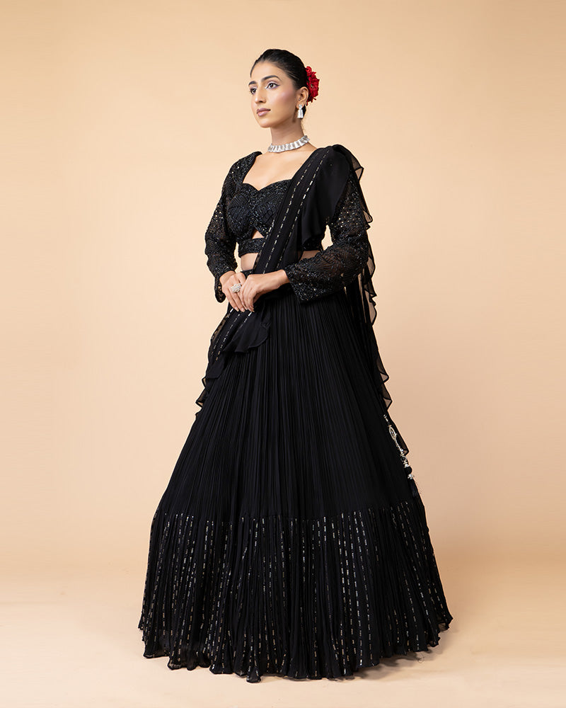 Black Embellished Lehenga Choli with Draped Dupatta and Blouse