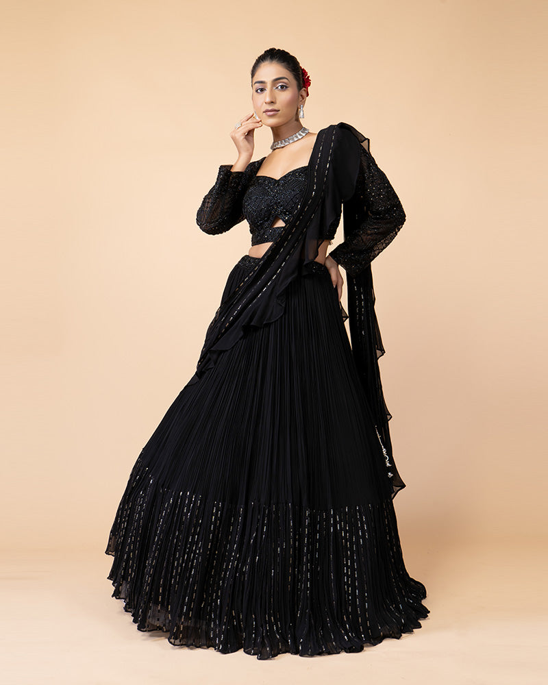 Black Embellished Lehenga Choli with Draped Dupatta and Blouse