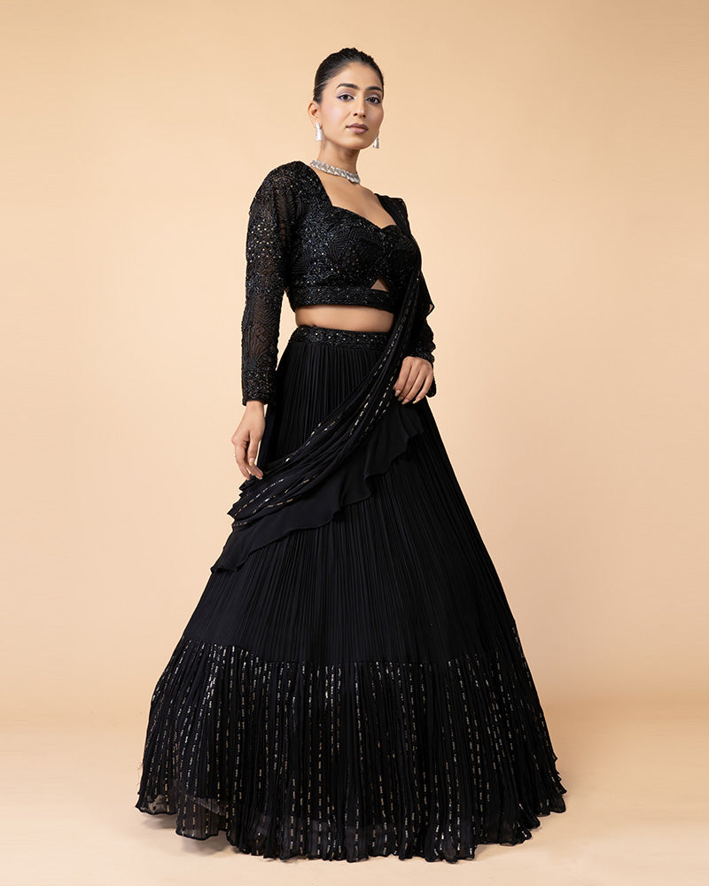 Black Embellished Lehenga Choli with Draped Dupatta and Blouse