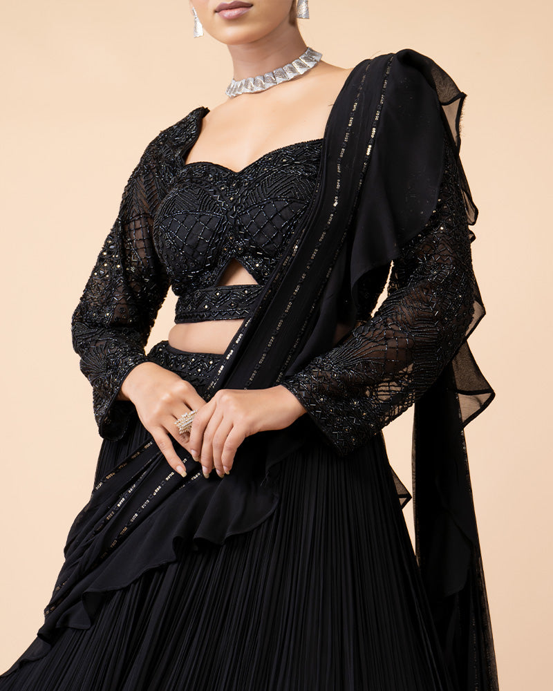 Black Embellished Lehenga Choli with Draped Dupatta and Blouse