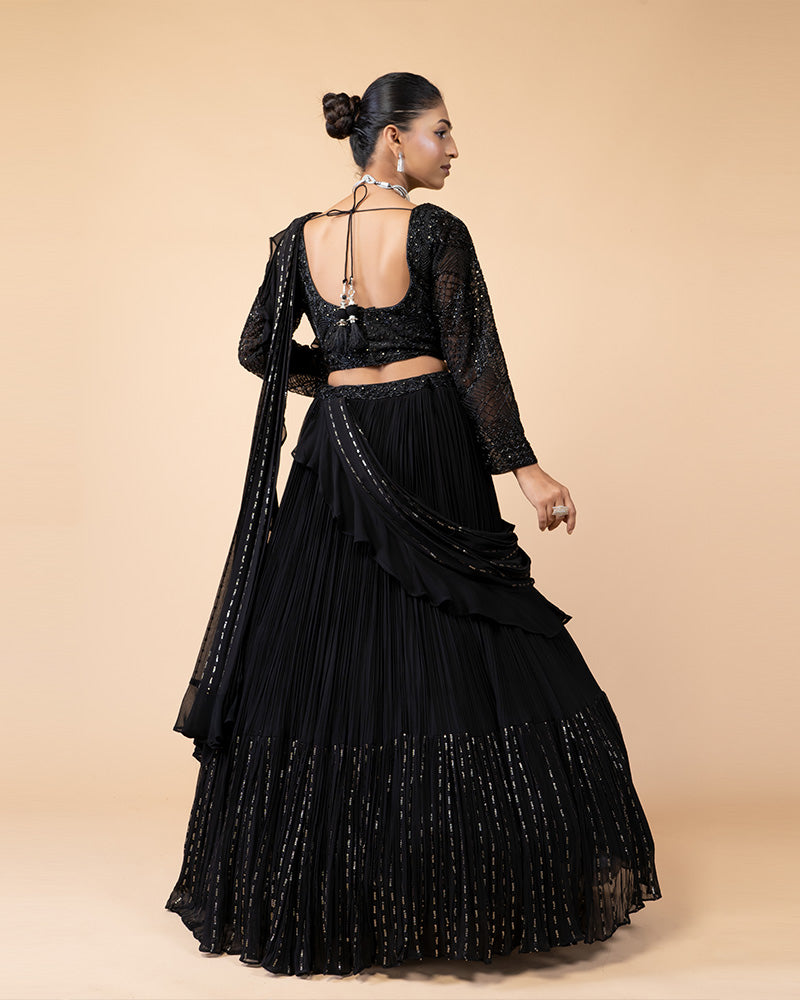 Black Embellished Lehenga Choli with Draped Dupatta and Blouse