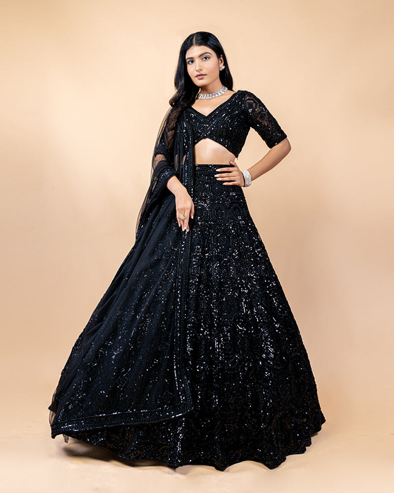 Black Lehenga choli with Net Dupatta for Sangeet