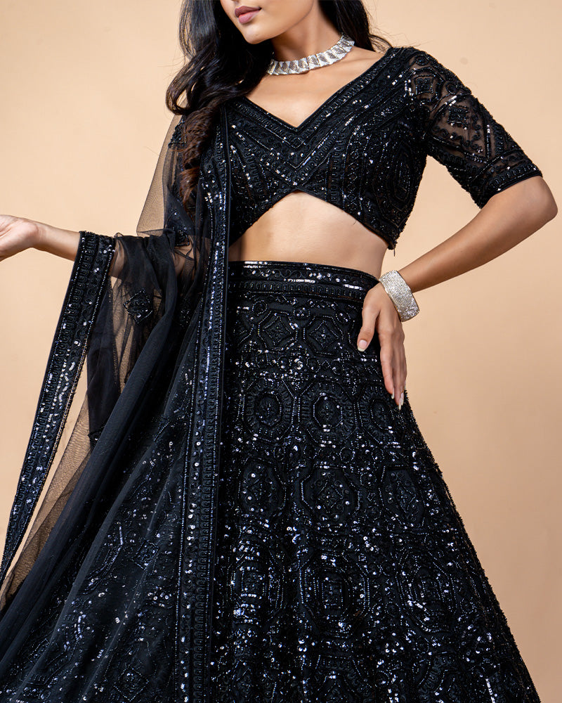 Black Lehenga choli with Net Dupatta for Sangeet