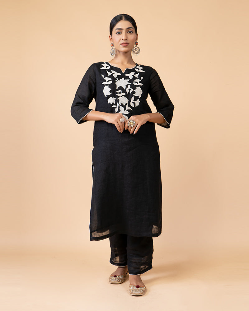 Black Neck Embroidered Kurti with Palazzo Set