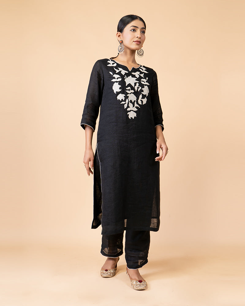 Black Neck Embroidered Kurti with Palazzo Set