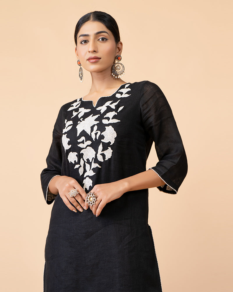 Black Neck Embroidered Kurti with Palazzo Set