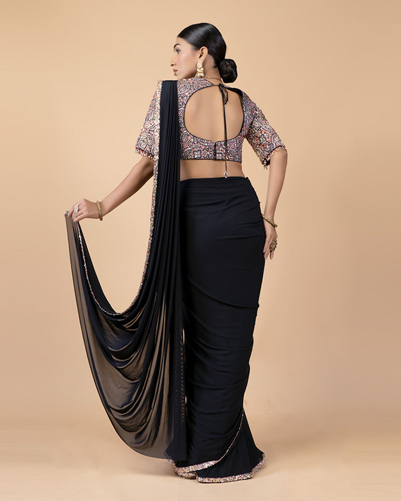 Black Ready-to-Wear Saree with Printed and Hand Embellished Blouse