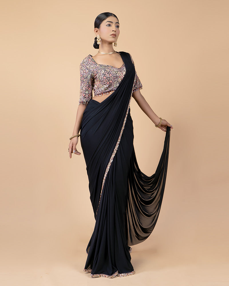 Black Ready-to-Wear Saree with Printed and Hand Embellished Blouse