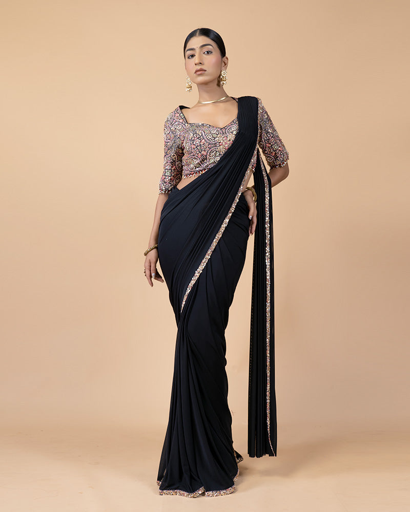 Black Ready-to-Wear Saree with Printed and Hand Embellished Blouse