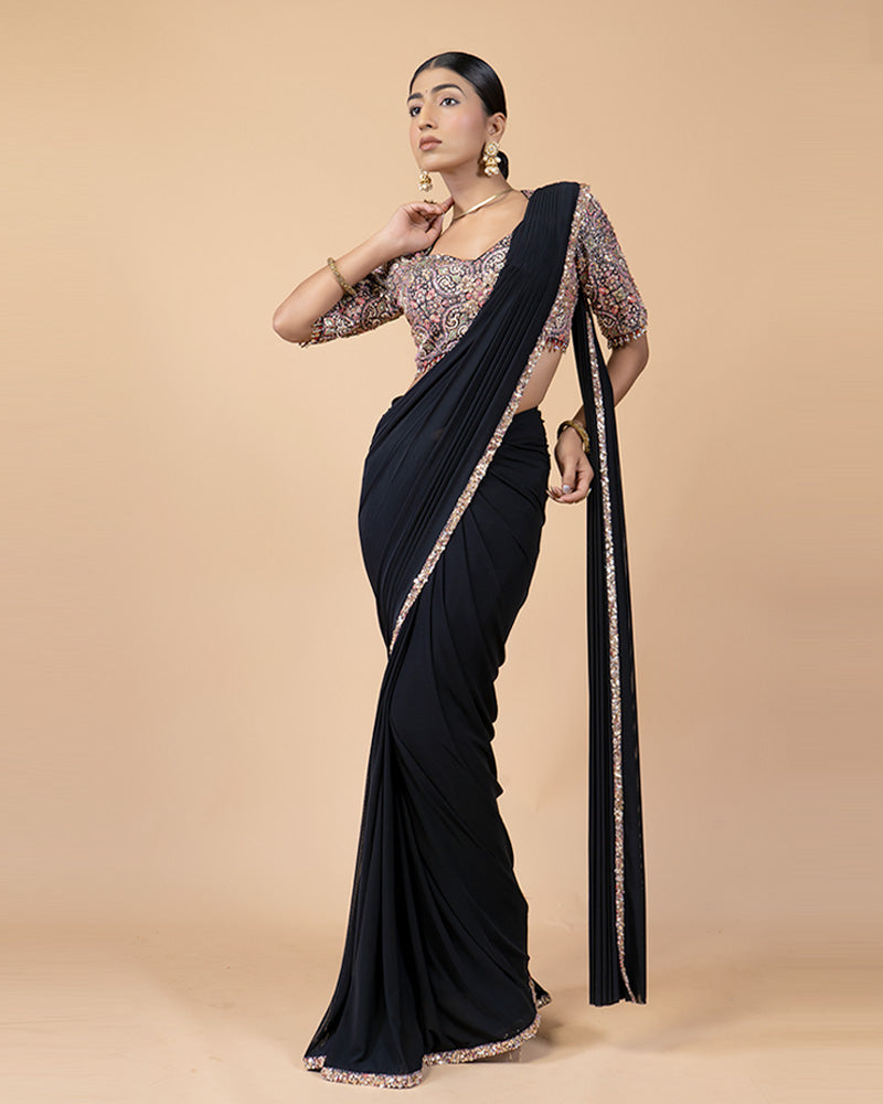 Black Ready-to-Wear Saree with Printed and Hand Embellished Blouse