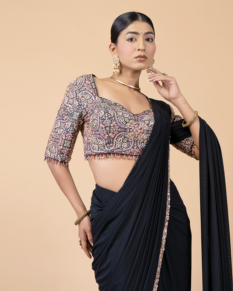 Black Ready-to-Wear Saree with Printed and Hand Embellished Blouse