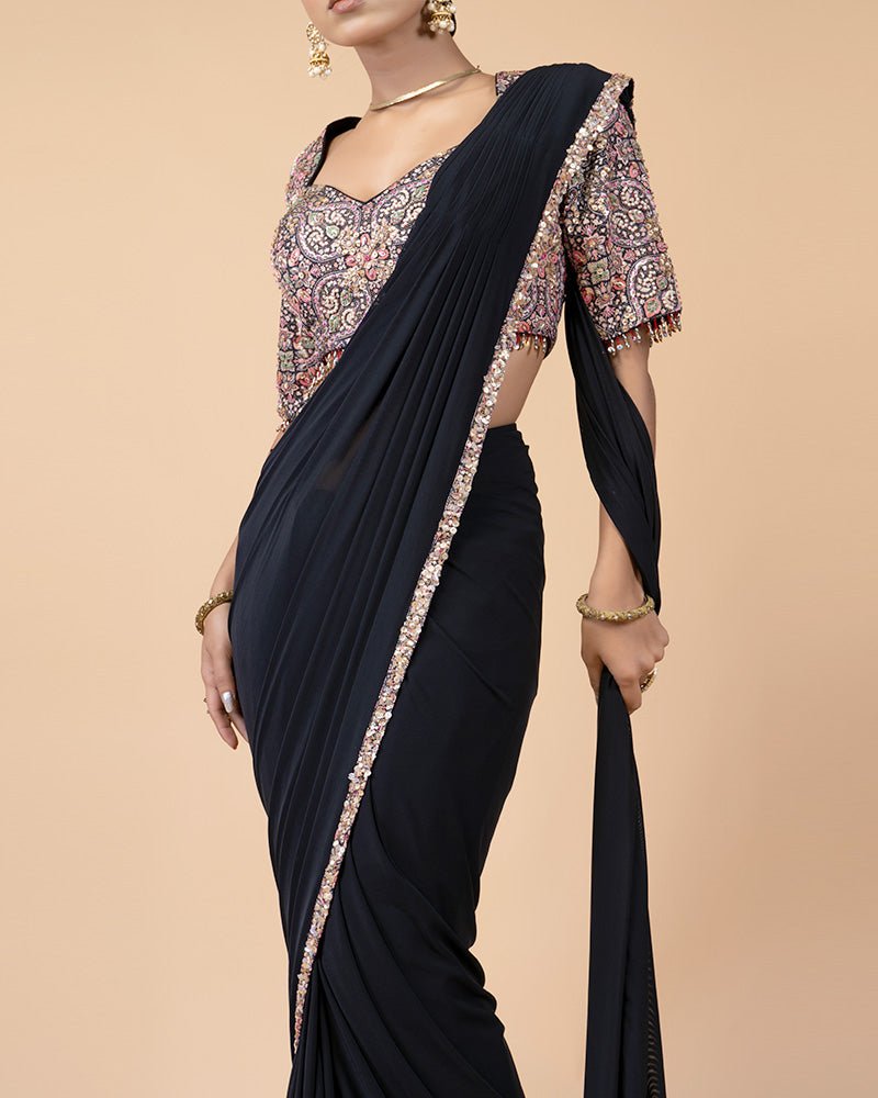 Black Ready-to-Wear Saree with Printed and Hand Embellished Blouse