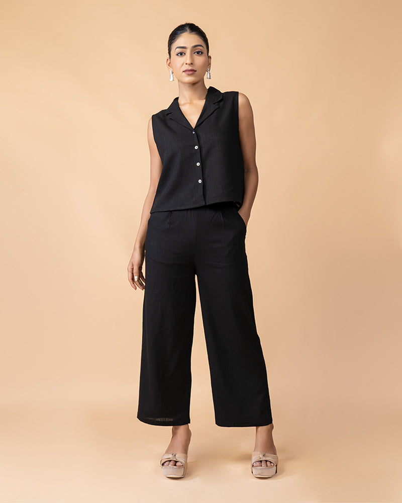 Black V-Neck Sleeveless Top with Pants Set