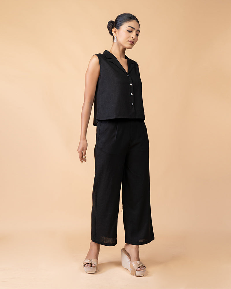 Black V-Neck Sleeveless Top with Pants Set