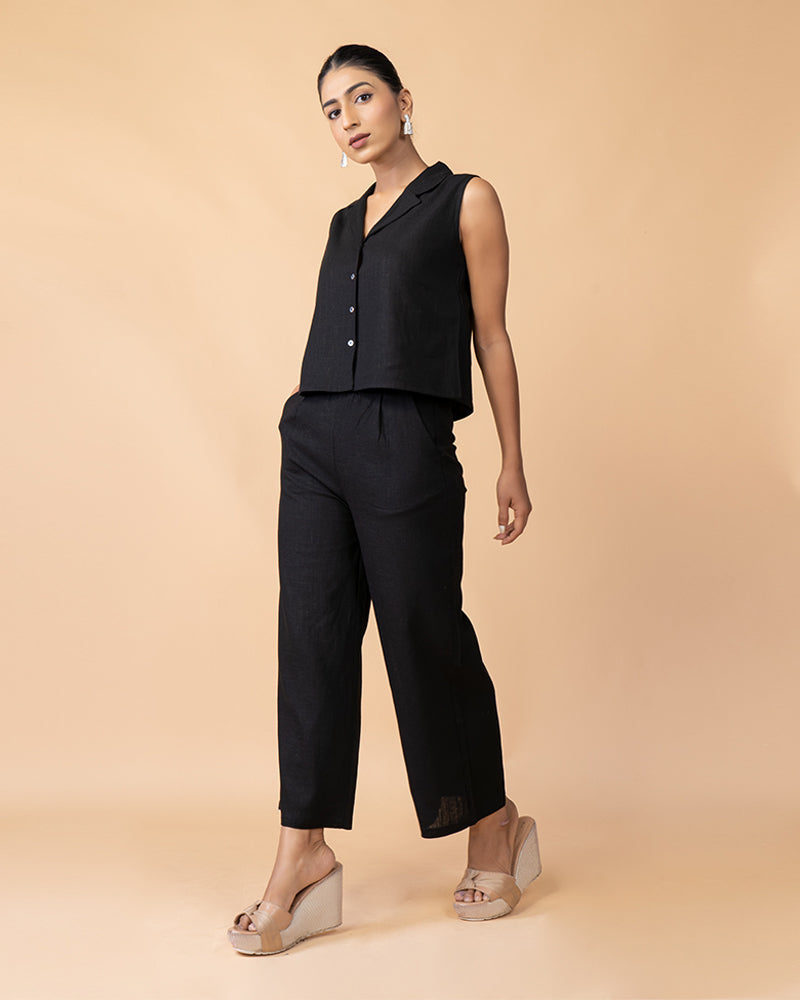 Black V-Neck Sleeveless Top with Pants Set