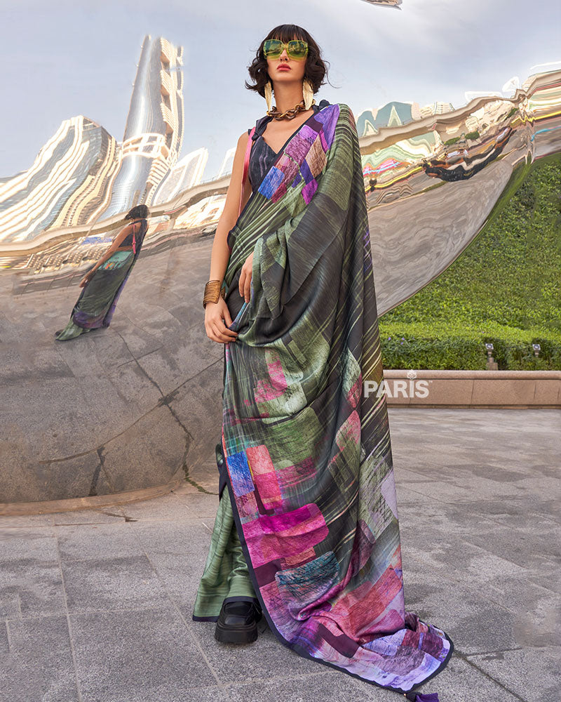 Black and Multicolor Digital Print Satin Saree with Unstitched Blouse  01
