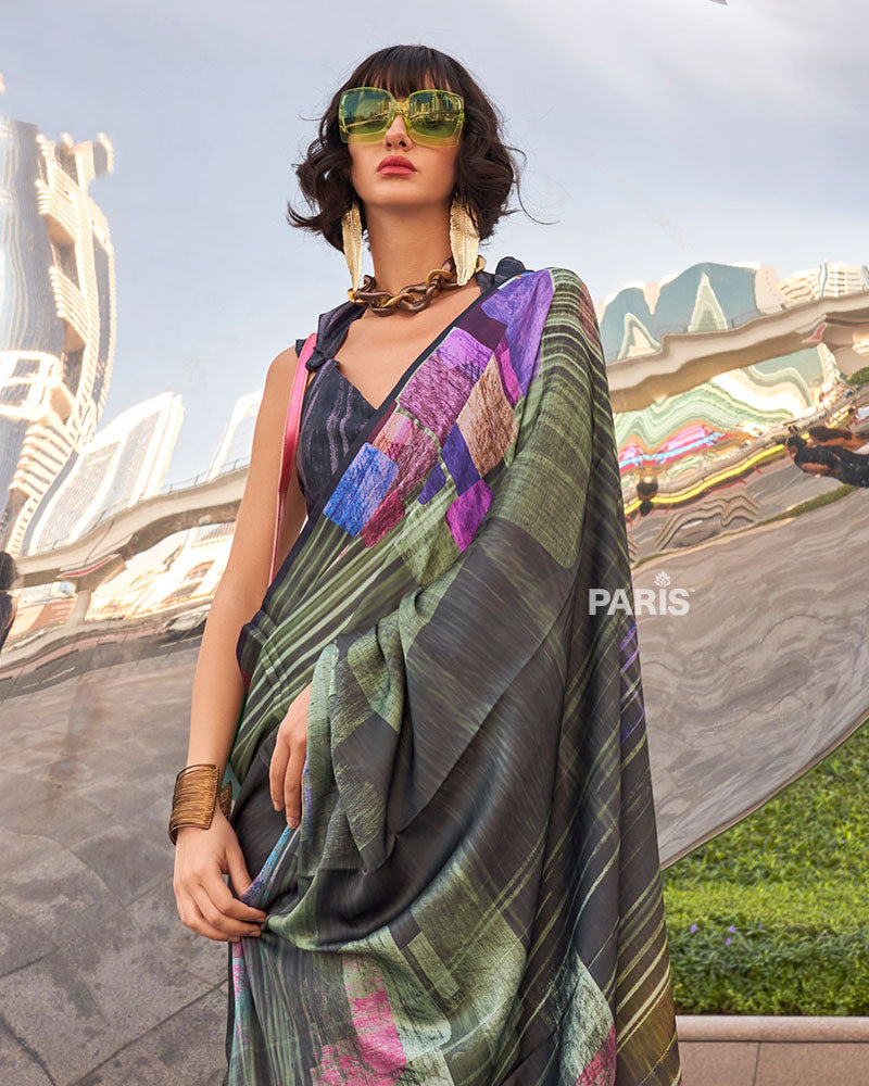 Black and Multicolor Digital Print Satin Saree with Unstitched Blouse  02