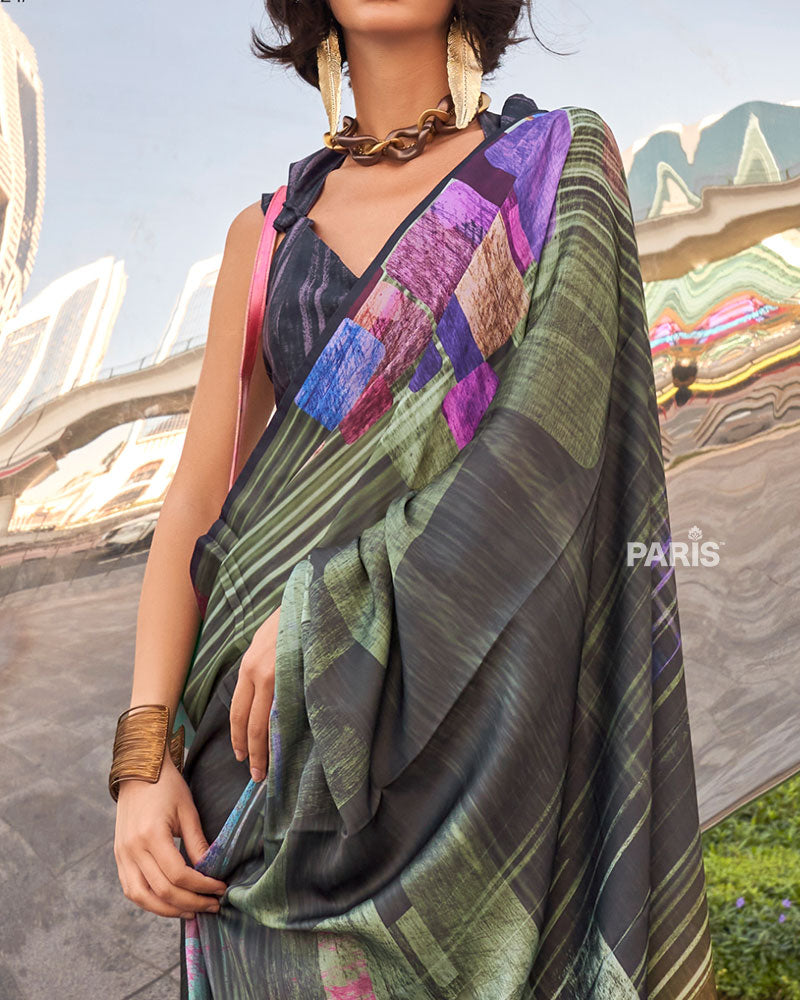 Black and Multicolor Digital Print Satin Saree with Unstitched Blouse  03