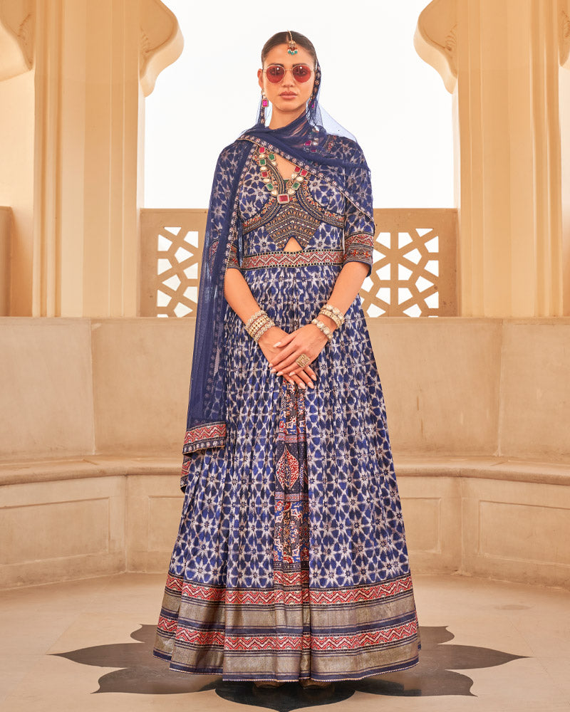 Blue Anarkali Dress and Men Blue Kurta Set with Printed Coat