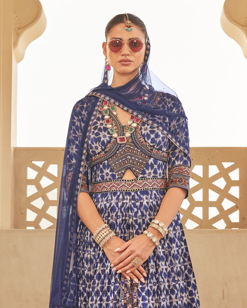 Blue Anarkali Dress and Men Blue Kurta Set with Printed Coat