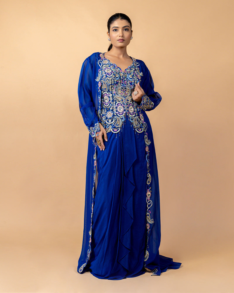 Blue Draped Skirt with Embroidered top and Full Length Shrug