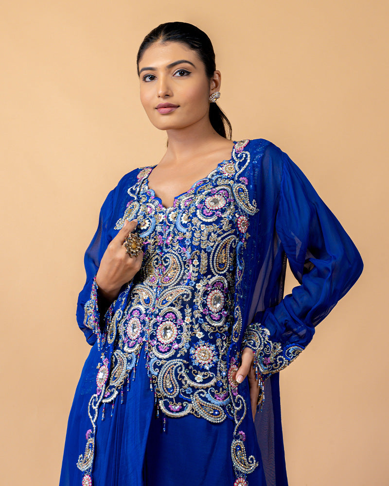 Blue Draped Skirt with Embroidered top and Full Length Shrug