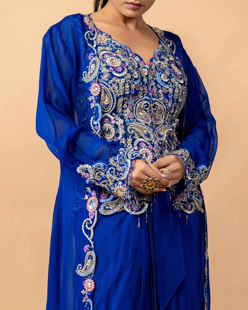 Blue Draped Skirt with Embroidered top and Full Length Shrug