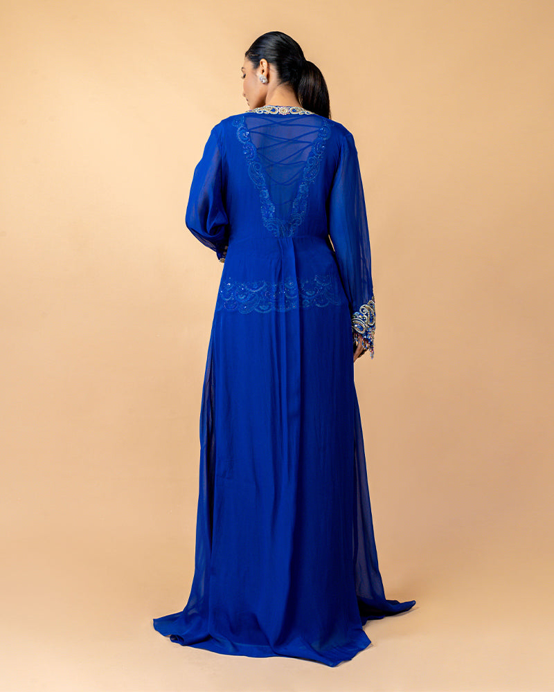 Blue Draped Skirt with Embroidered top and Full Length Shrug