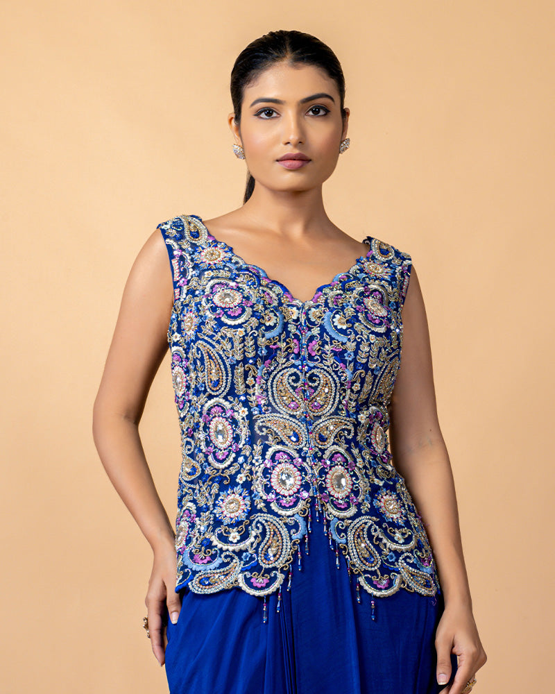 Blue Draped Skirt with Embroidered top and Full Length Shrug