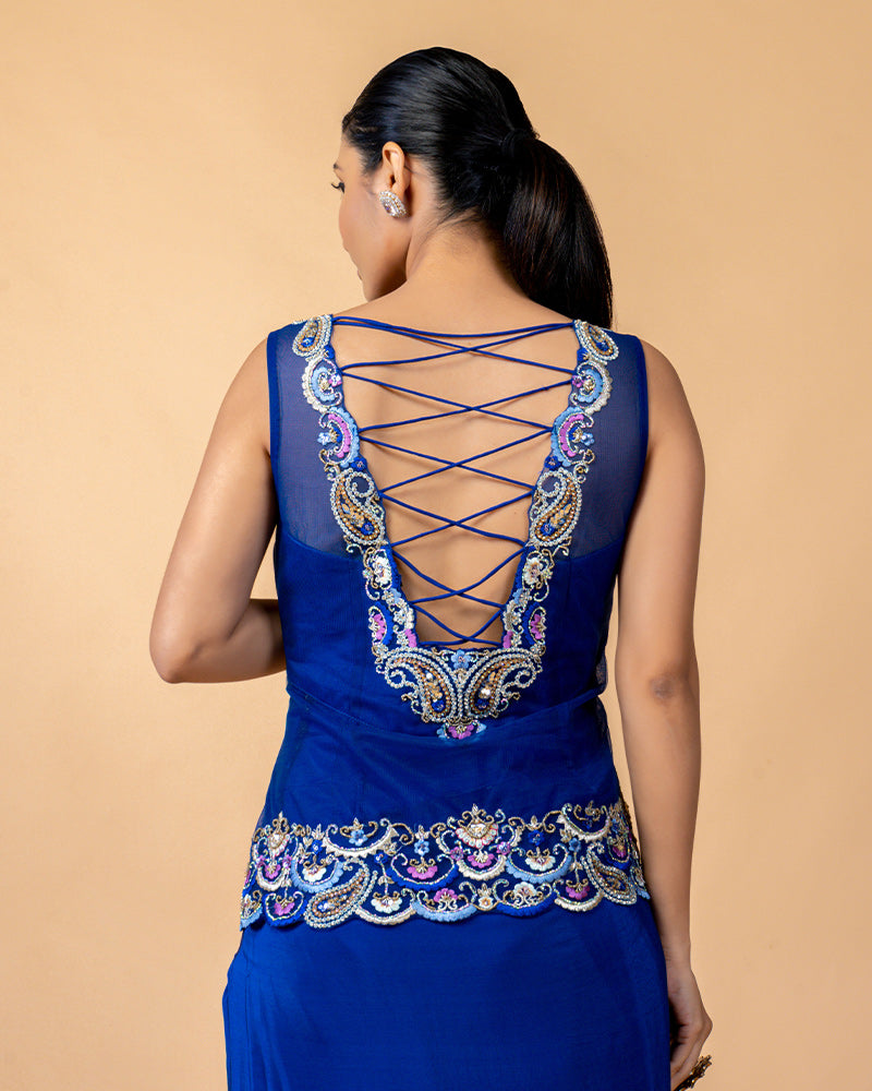 Blue Draped Skirt with Embroidered top and Full Length Shrug