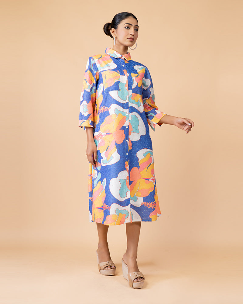 Blue Floral Printed Knee-Length Dress